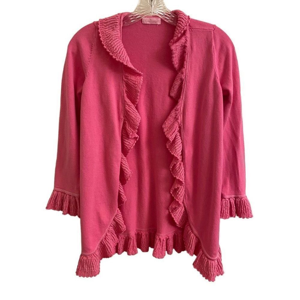 Lilly Pulitzer Pink Ruffle Cascading Kiernan Cardigan Sweater Metallic Ruffles